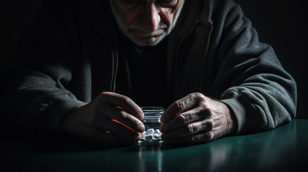 Man struggling with addiction and prescription medication dependency during recovery